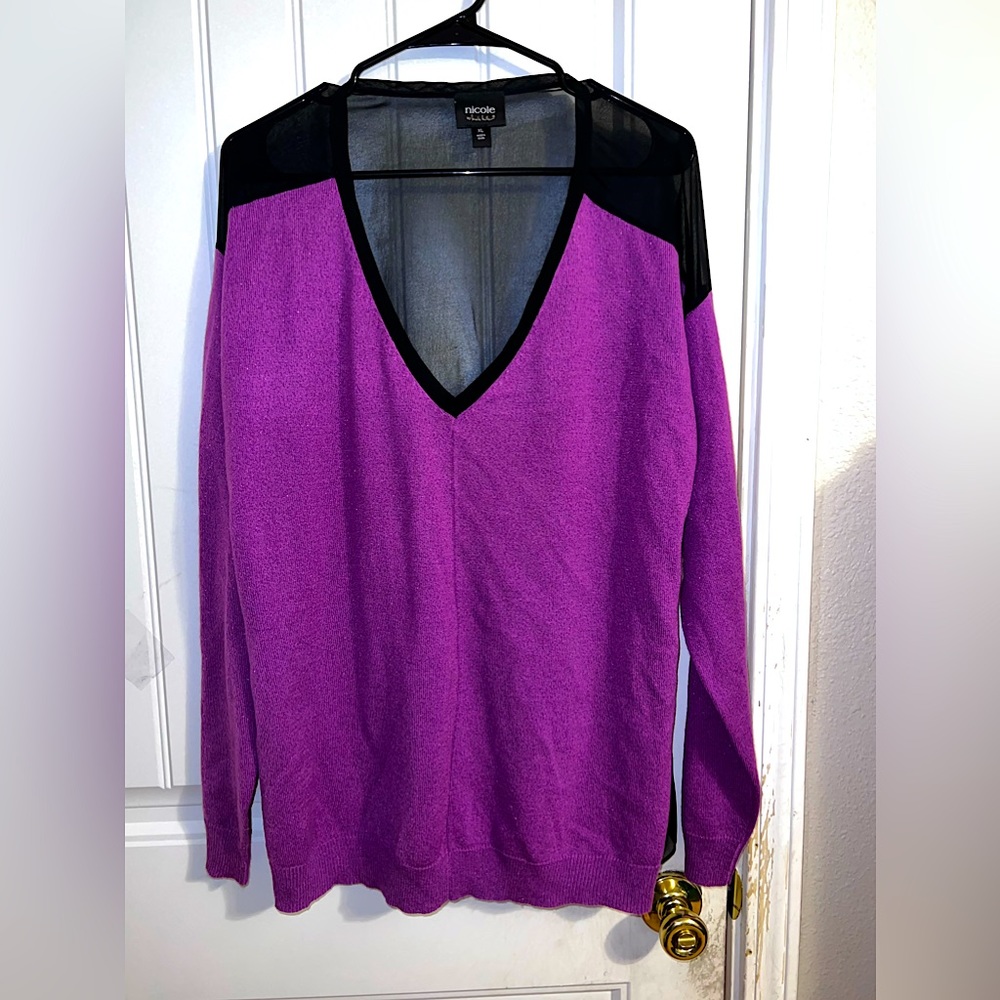 Nicole Miller long sleeve glittery sweater w/sheer back panel